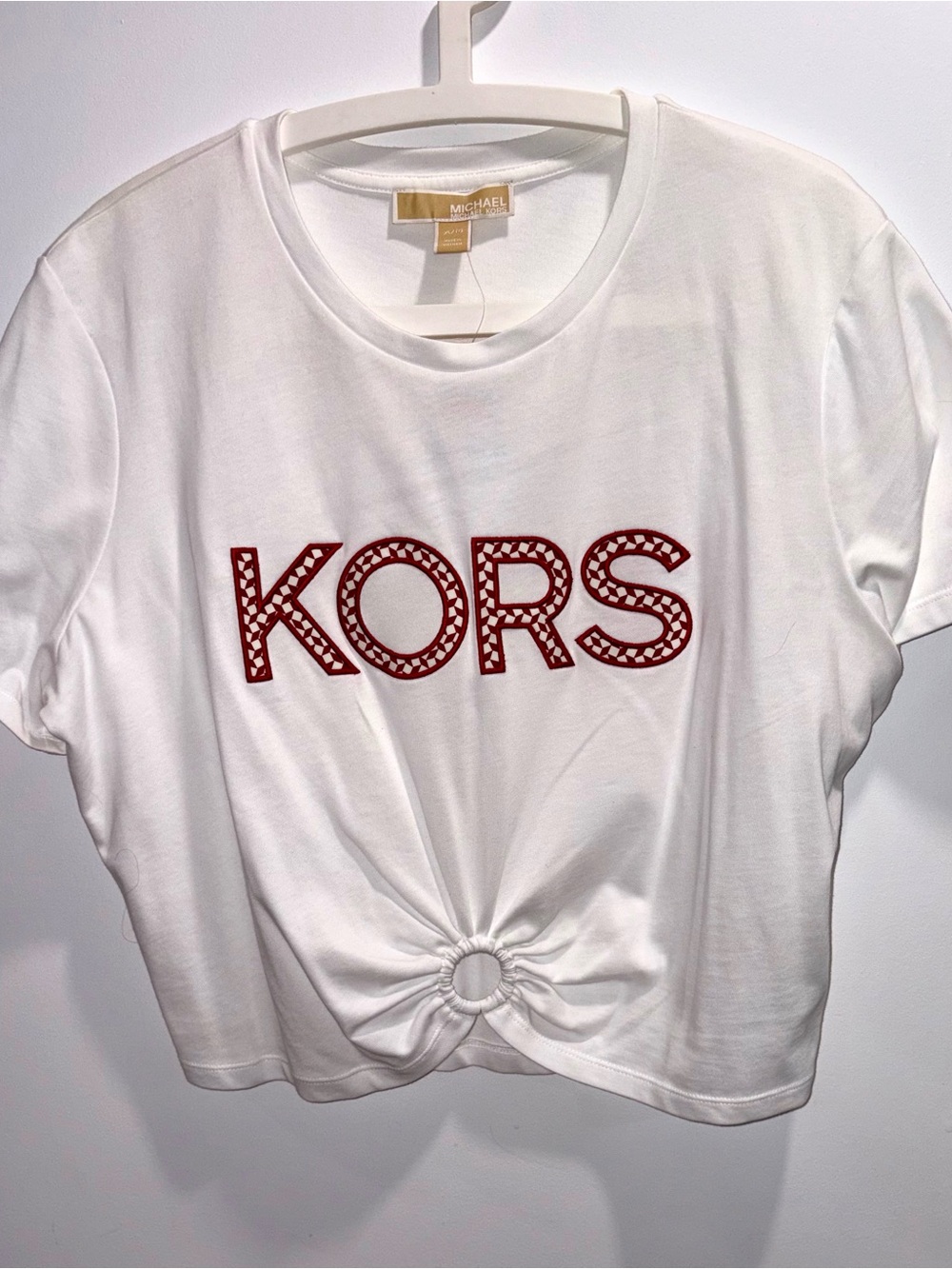 MICHAEL Michael Kors White Short-Sleeve Tee with Red KORS Logo and Knot